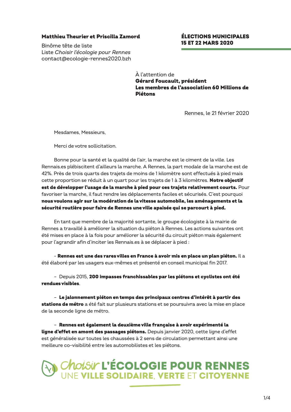 Page 1 de notre courrier réponse à l'enquête de 60 Millions de Piétons